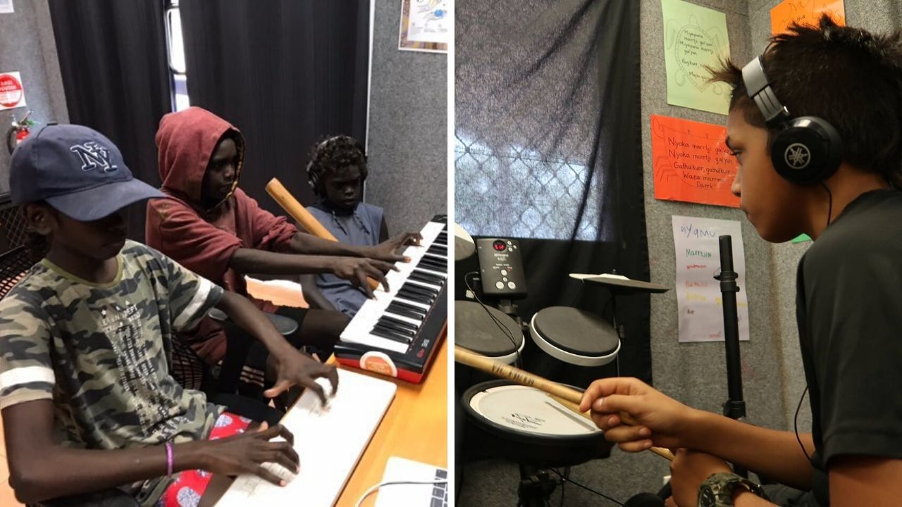 indigenous kids playing the drums and keyboard 