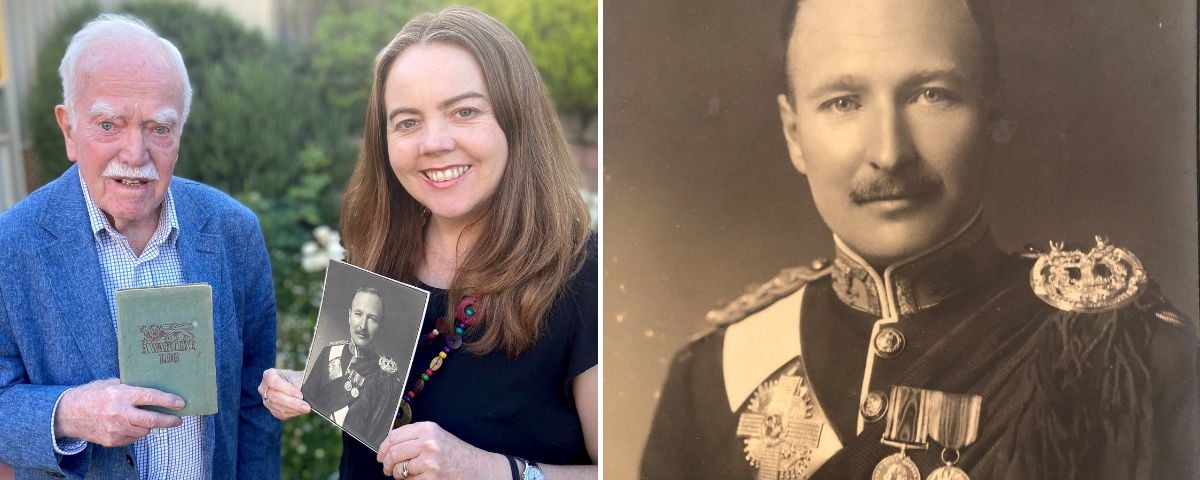 Katrina Roe with her father Nick, holding a photo of her grandfather along with his war diaries